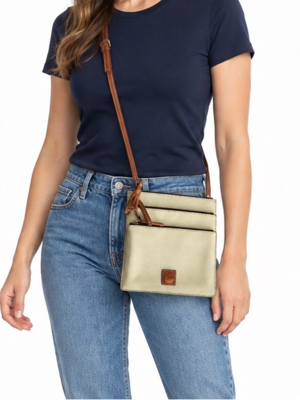 Dooney & Bourke | Triple Zip Crossbody Bag Ivory Brown Leather Travel Purse